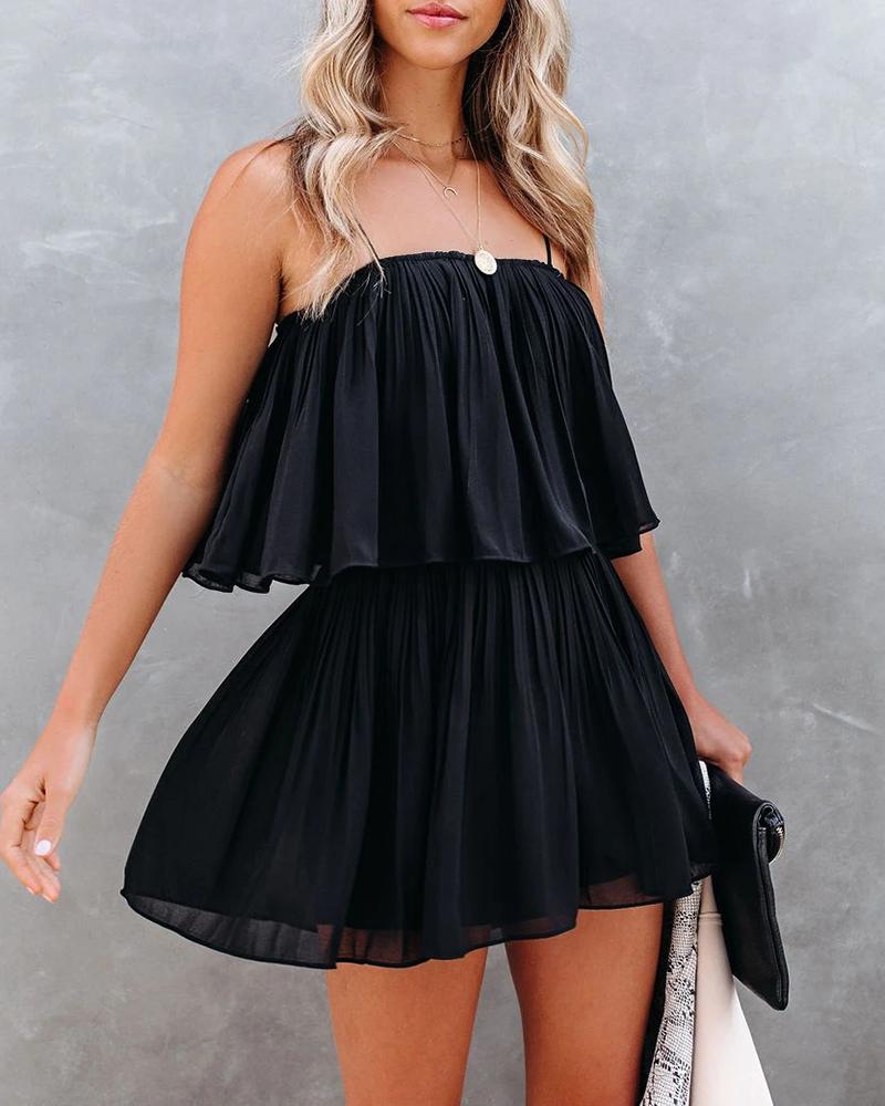 

Spaghetti Strap Layered Ruffles Ruched Romper, Black