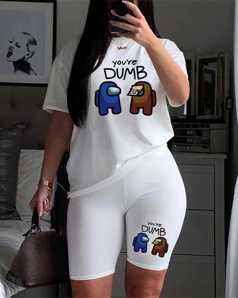 

Letter Graphic Print Short Sleeve Top & Shorts Set, Style4