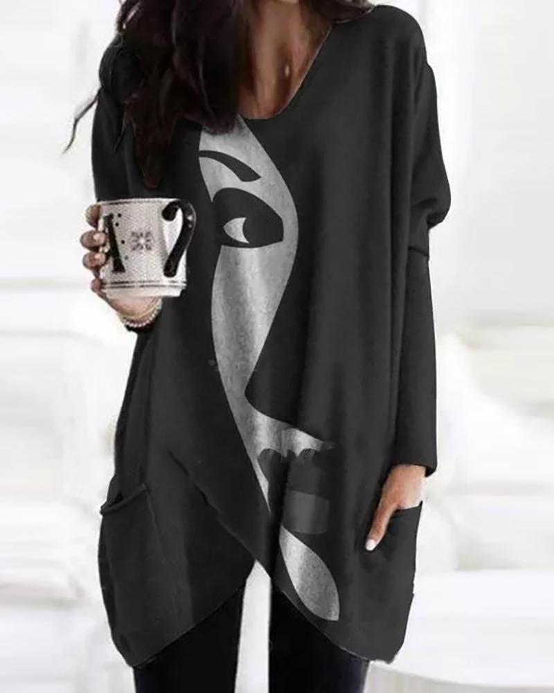 

Figure Print Batwing Sleeve Oversized Tee, Black