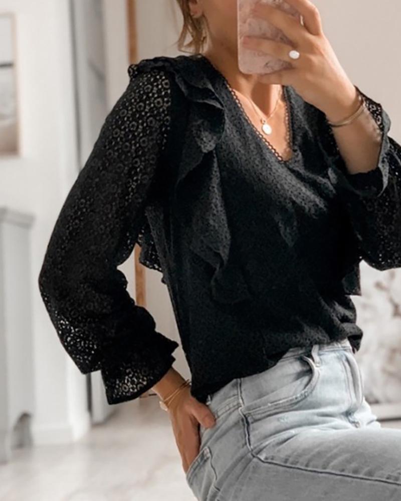 

Guipure Lace Ruffles Top, Black