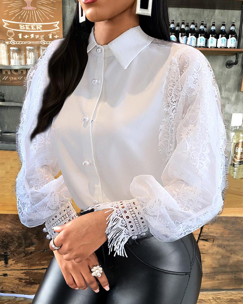 

Button Design Lace Lantern Sleeve Top, White