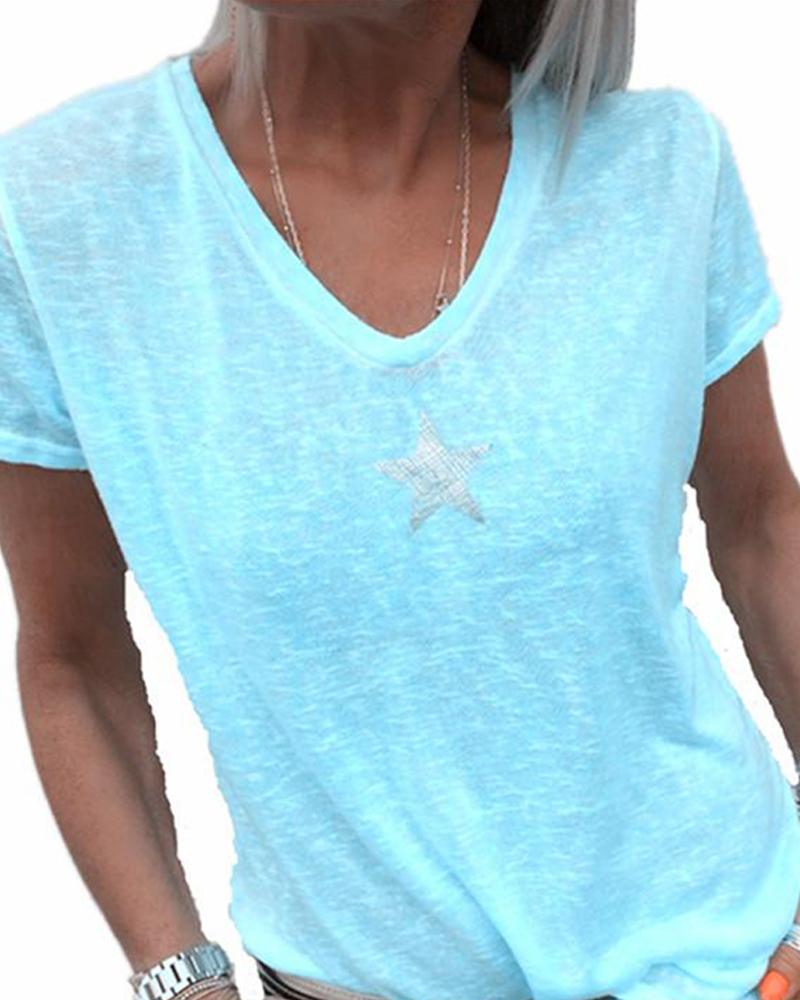 

Star Print V-Neck T-Shirt, Sky blue