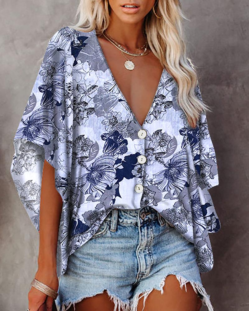

Floral Print Button Front Batwing Sleeve Top, Purplish blue