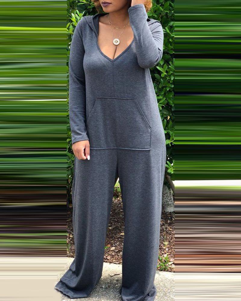 

Pocket Design Long Sleeve Casual Hooded Jumpsuit, Gray