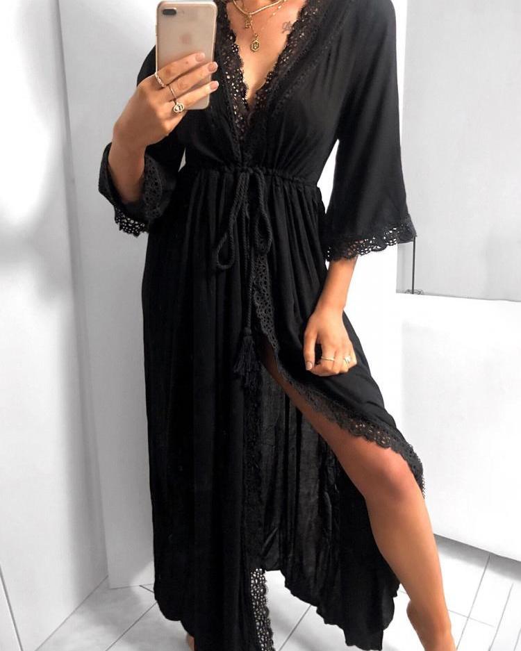 

Lace Insert Tie Waist V-neck Dress, Black
