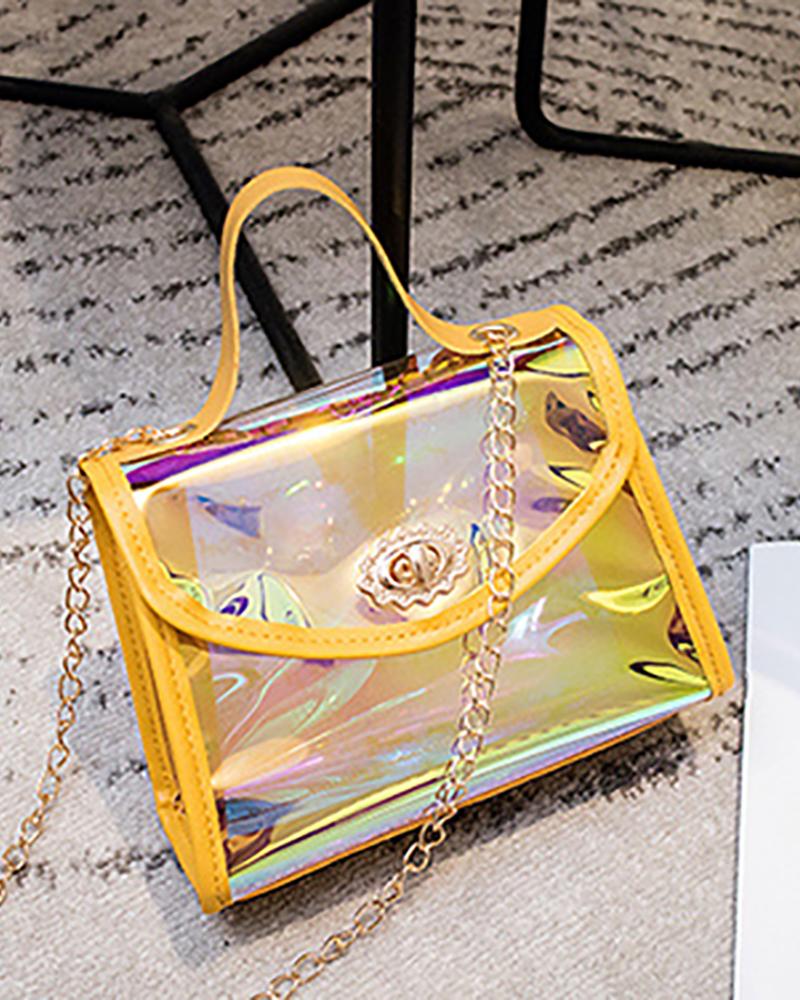 

Laser Colorblock Chain Satchel Bag, Yellow