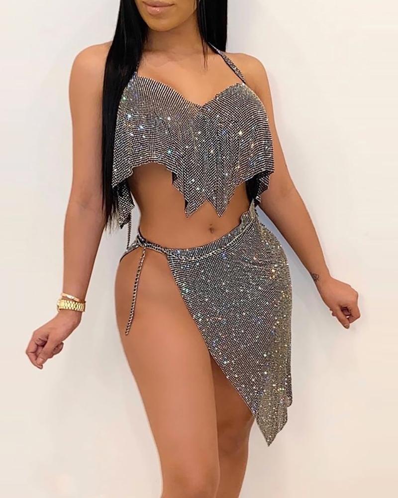 

Halter Backless Sequin Top & Slit Skirt Sets, Dark grey