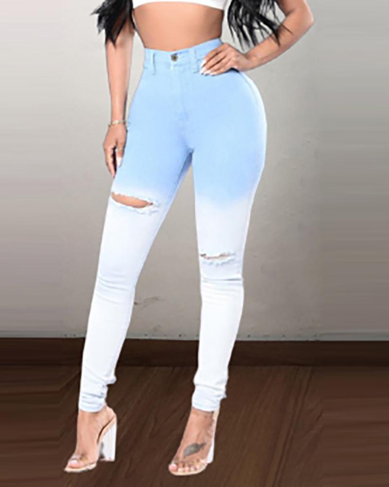 

Ombre Colorblock Cutout High Waist Buttoned Jeans, Light blue