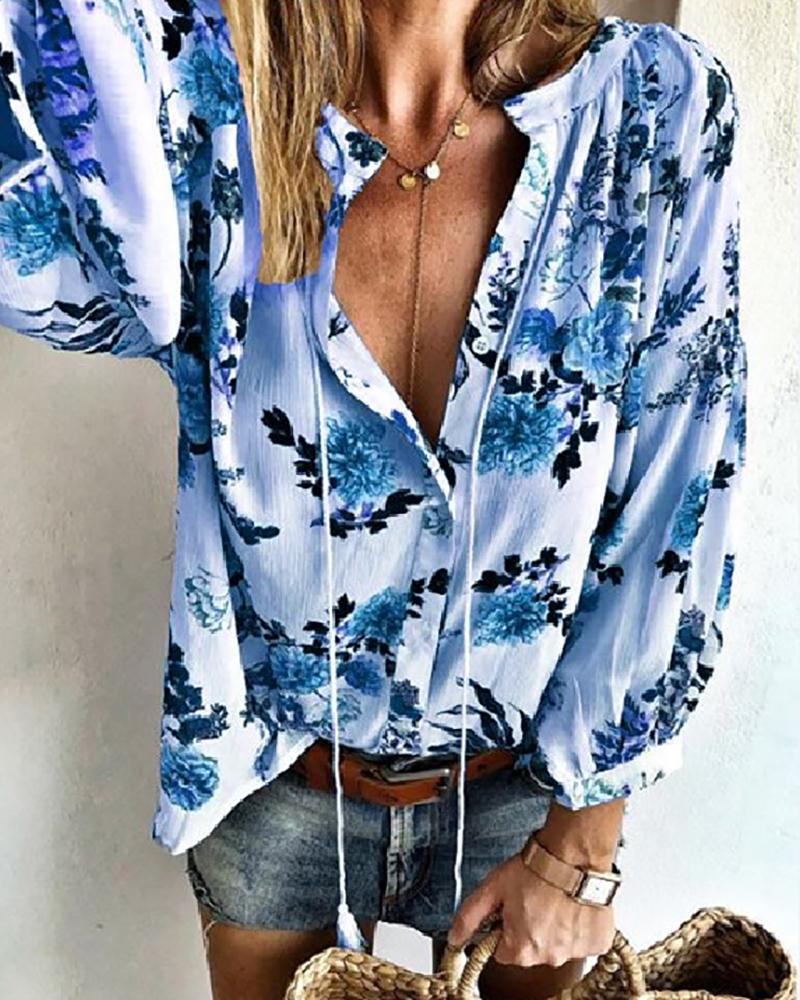 

Floral Print Tassel Design Top, Blue