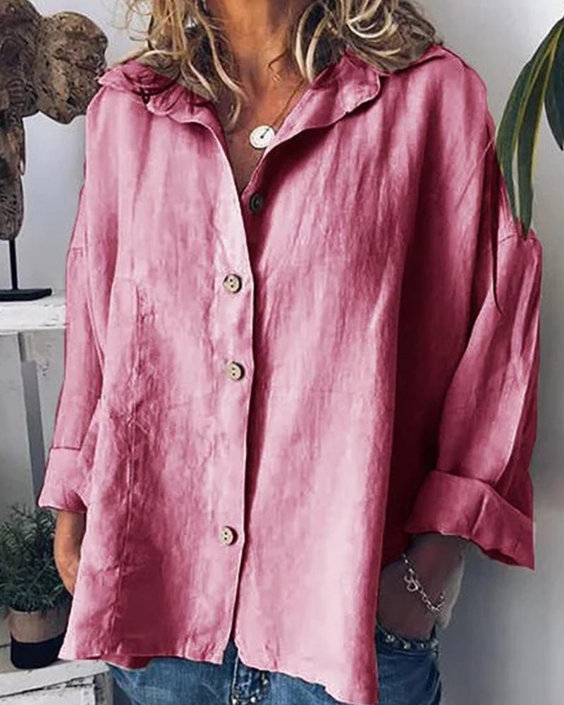 

Solid Button Batwing Stand Collar T-shirt, Pink