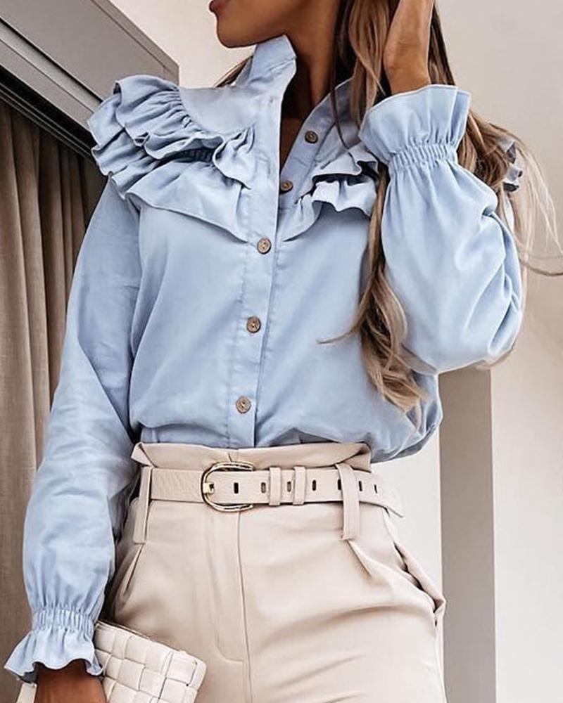 

Solid Color Ruffle Hem Long Sleeve Shirt, Blue