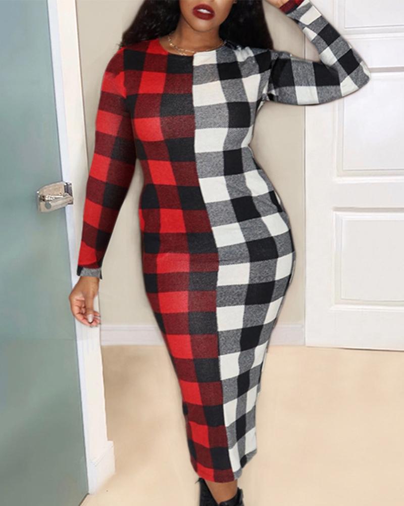 

Plus Size Plaid Print Long Sleeve Maxi Dress, Black