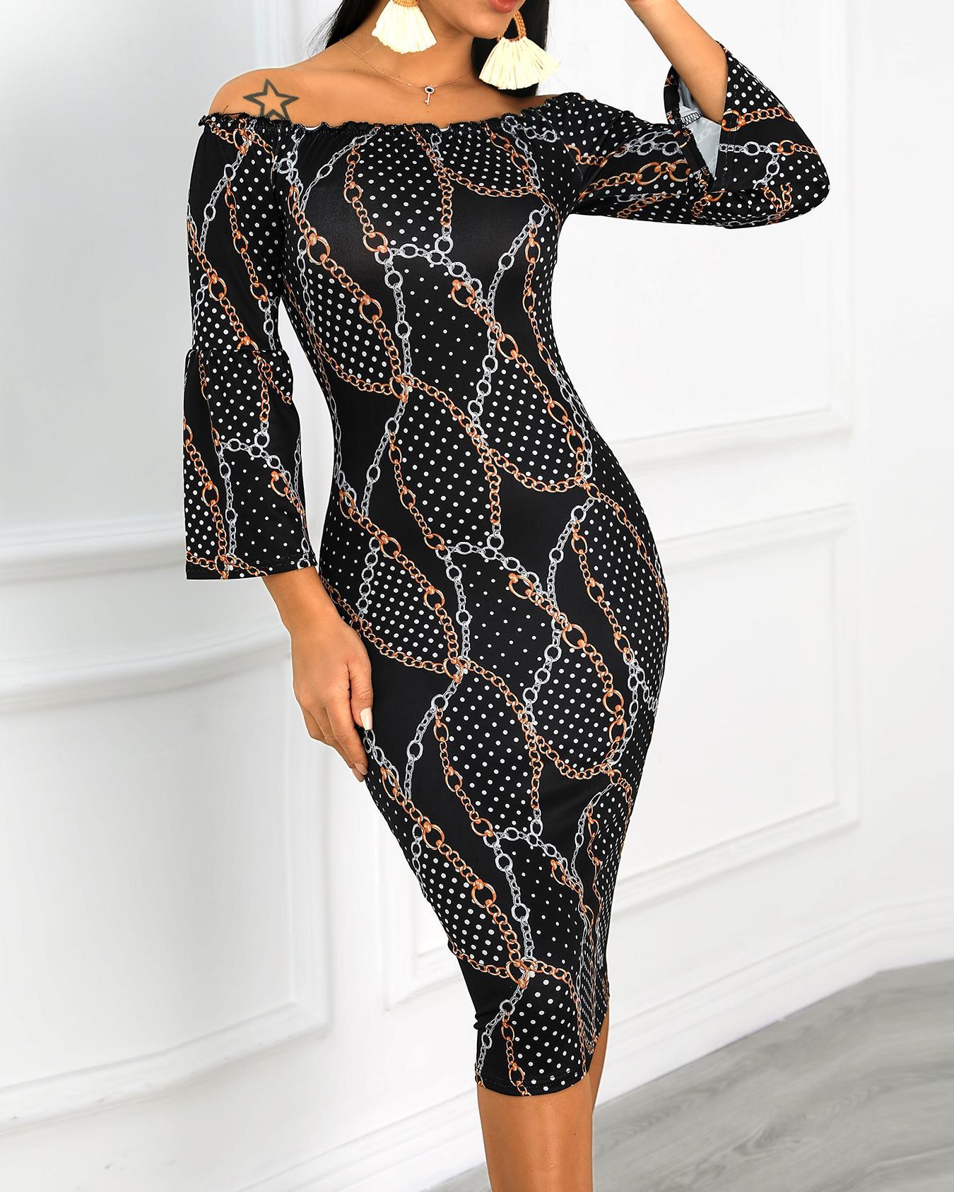 

Chains Print Off Shoulder Midi Dress, Gold