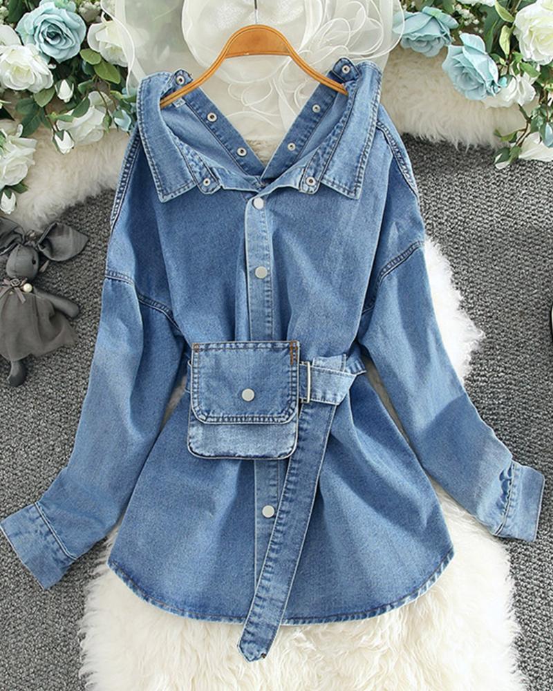

Button Design Long Sleeve Casual Denim Shirt, Blue