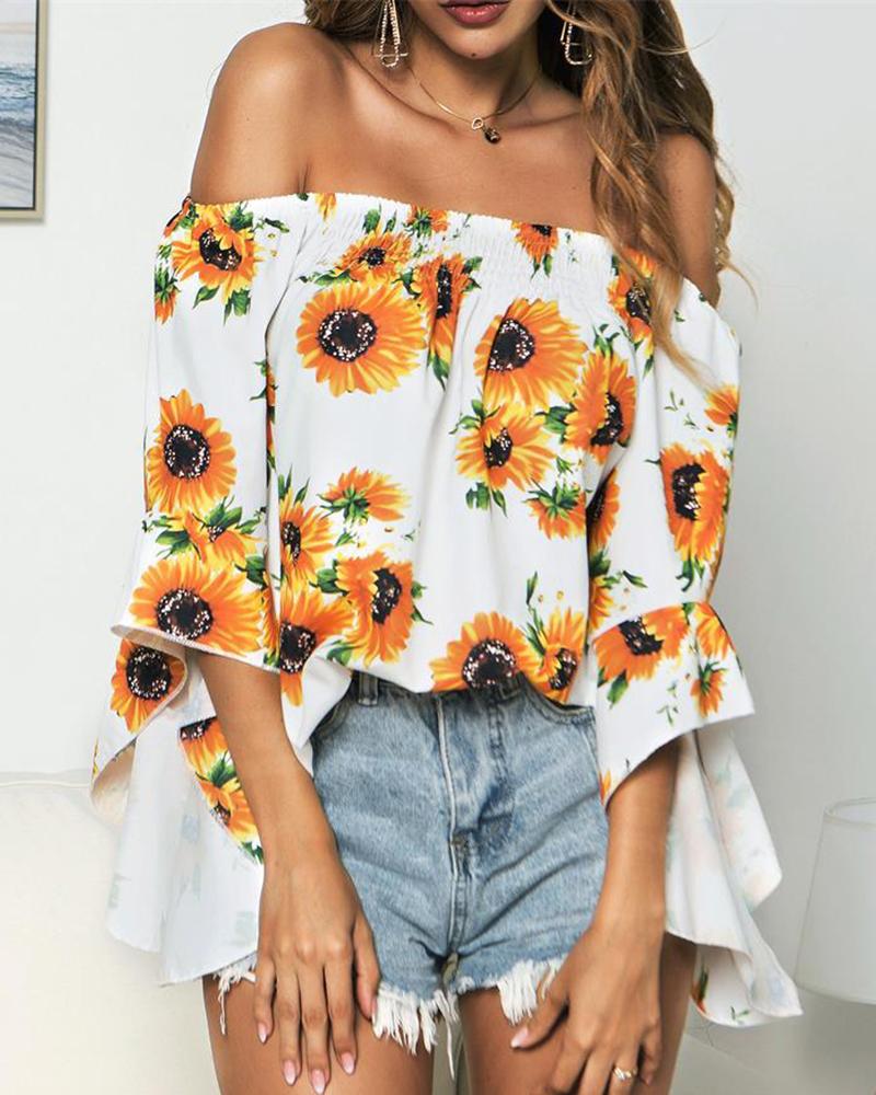 

Off Shoulder Sunflower Print Ruffles Top, White
