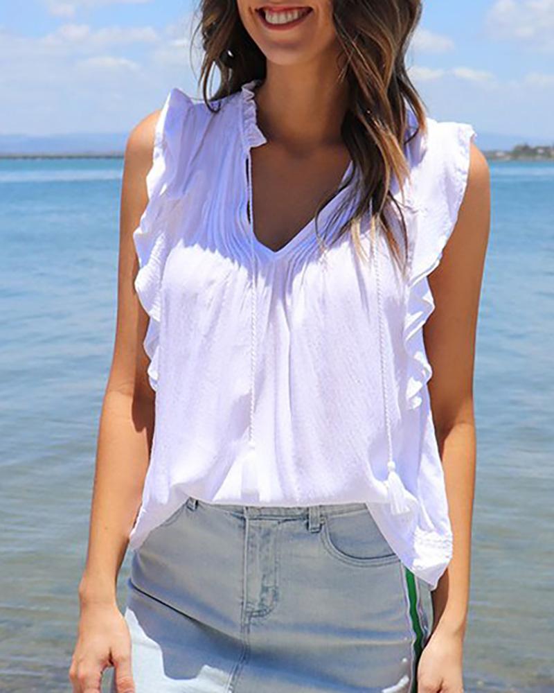 

V Neck Ruffle Trim Ruched Detail Casual Tank Top, White