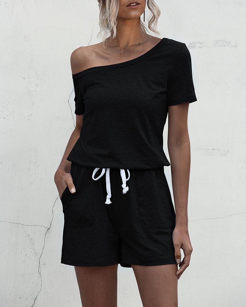 

One Shoulder Tie Waist Romper, Black