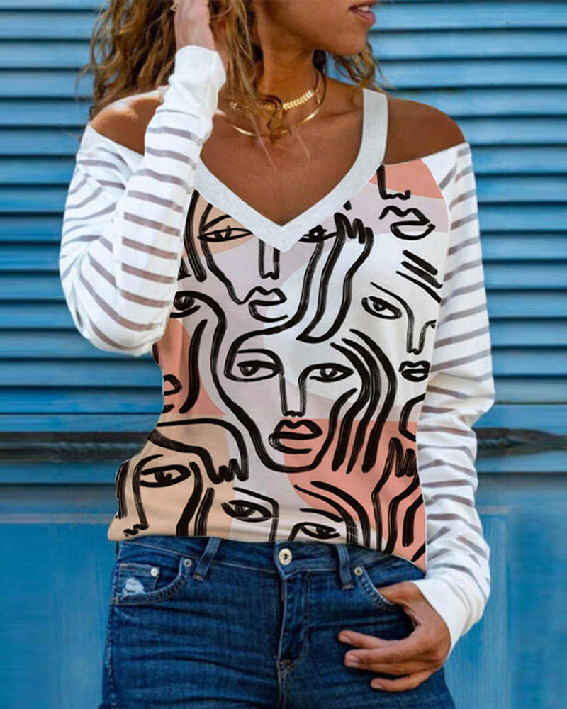 

Figure Print Sheer Mesh Cold Shoulder Top, White