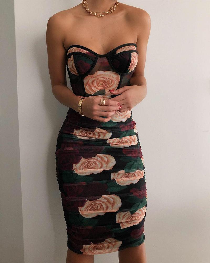 

Floral Print Ruched Sleeveless Skinny Midi Dress, Multicolor