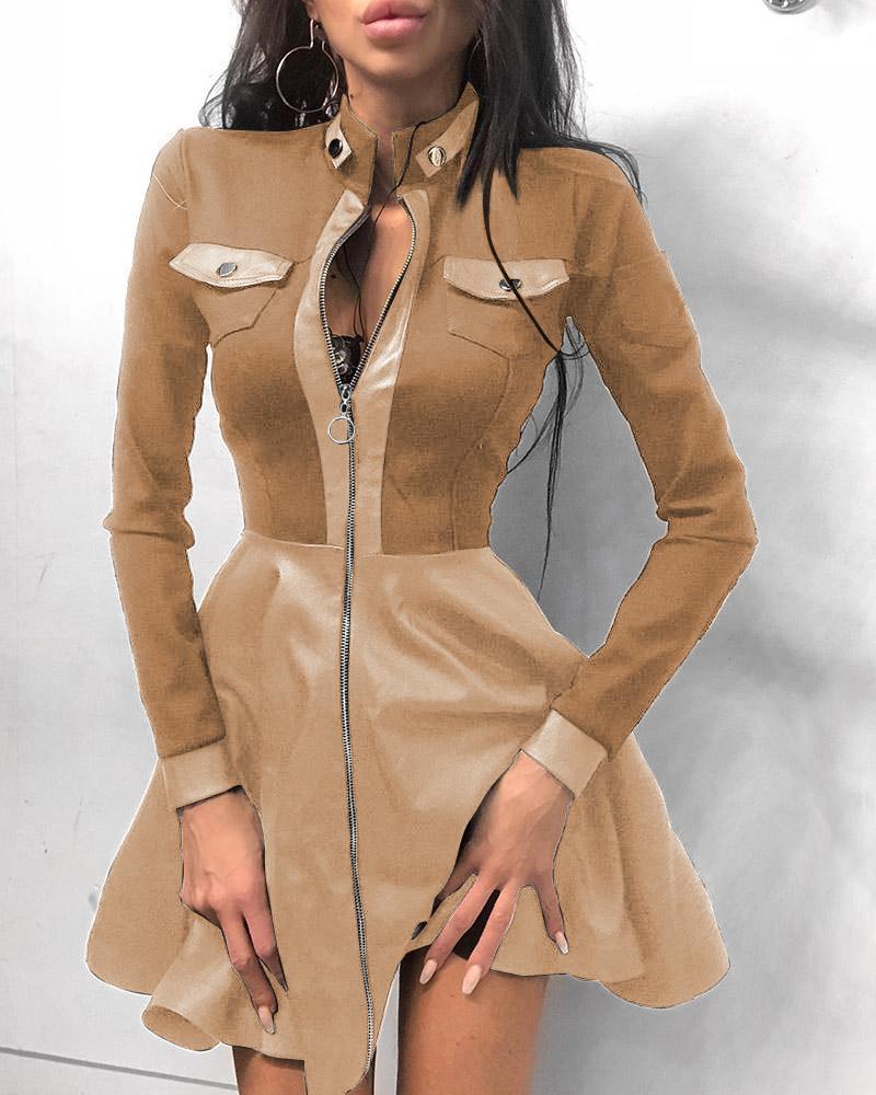 

Zipper Pockets Design PU Leather Dress, Khaki