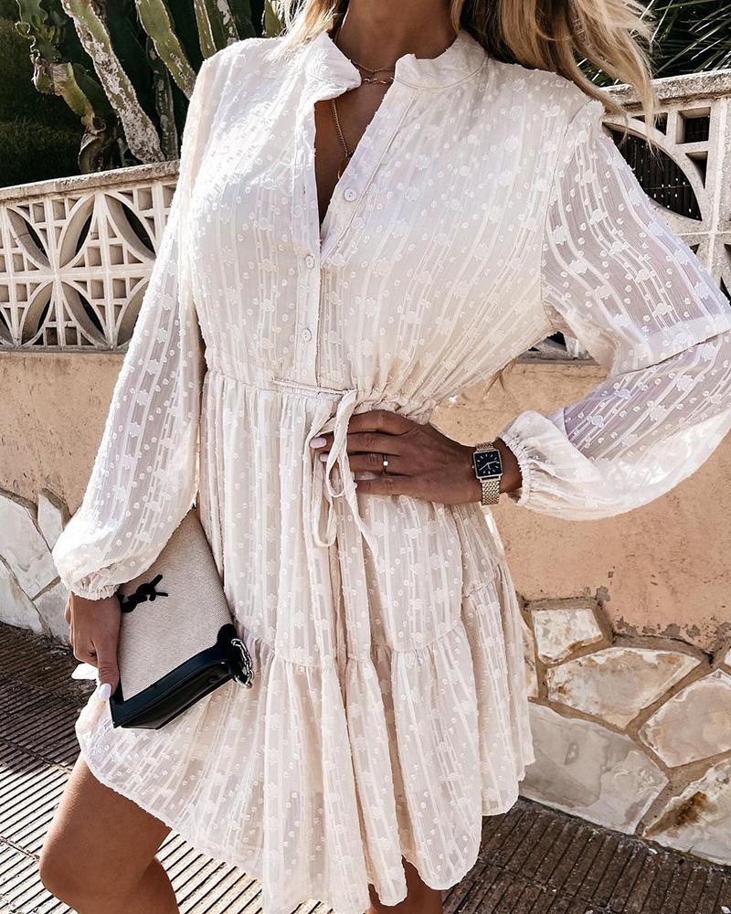 

Swiss Dot Print Long Sleeve Shirt Dress, Beige