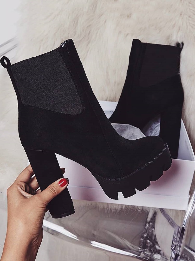 stylish velvet chunky high heel boots