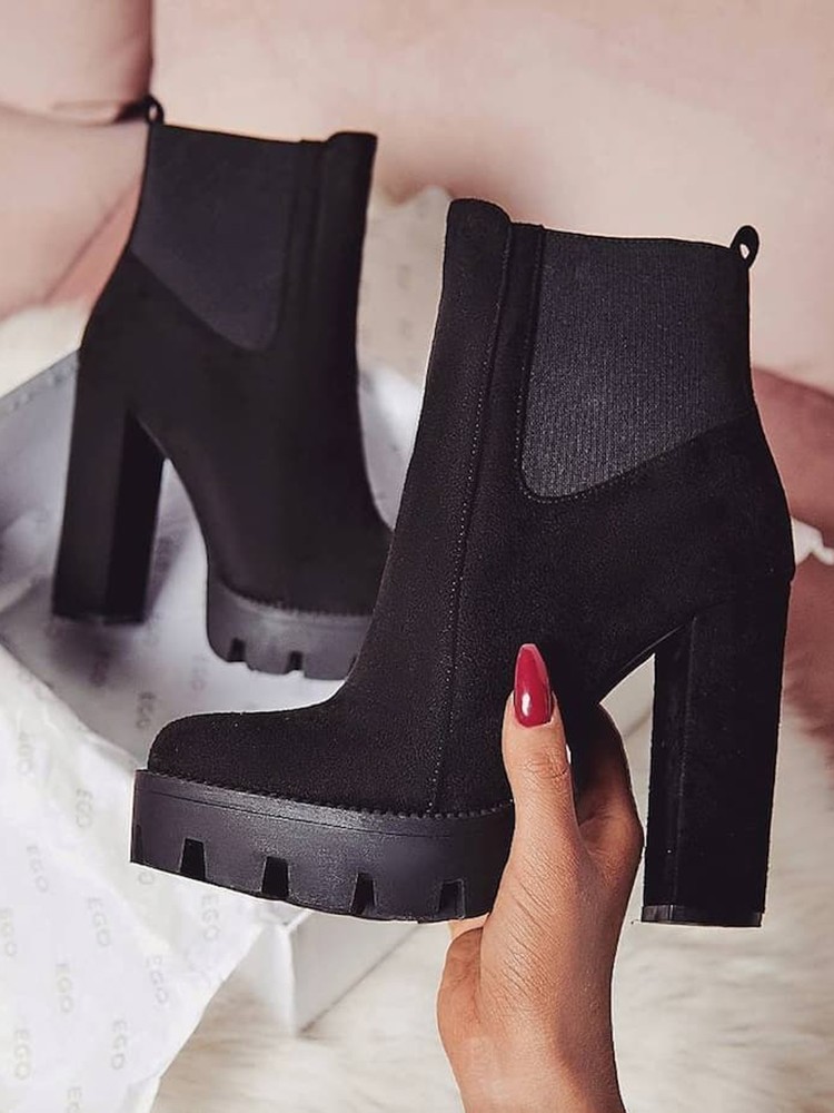 stylish velvet chunky high heel boots