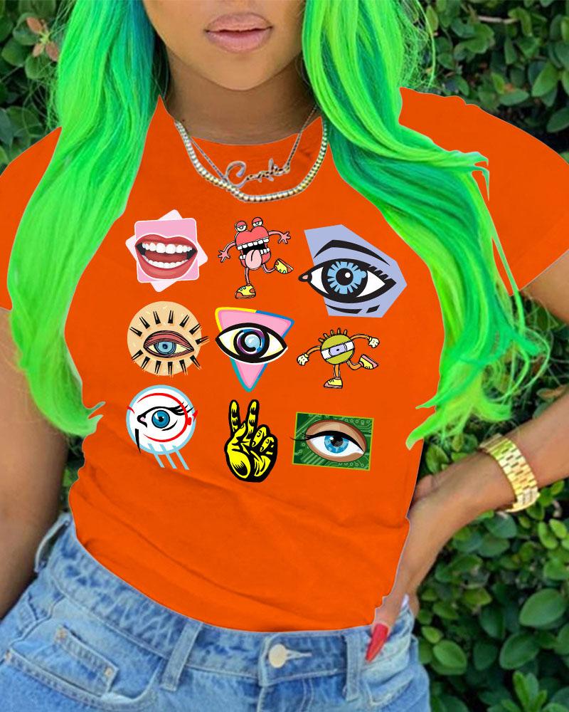 

Eyes / Cartoon / Hand Print Short Sleeve Casual T-shirt, Orange