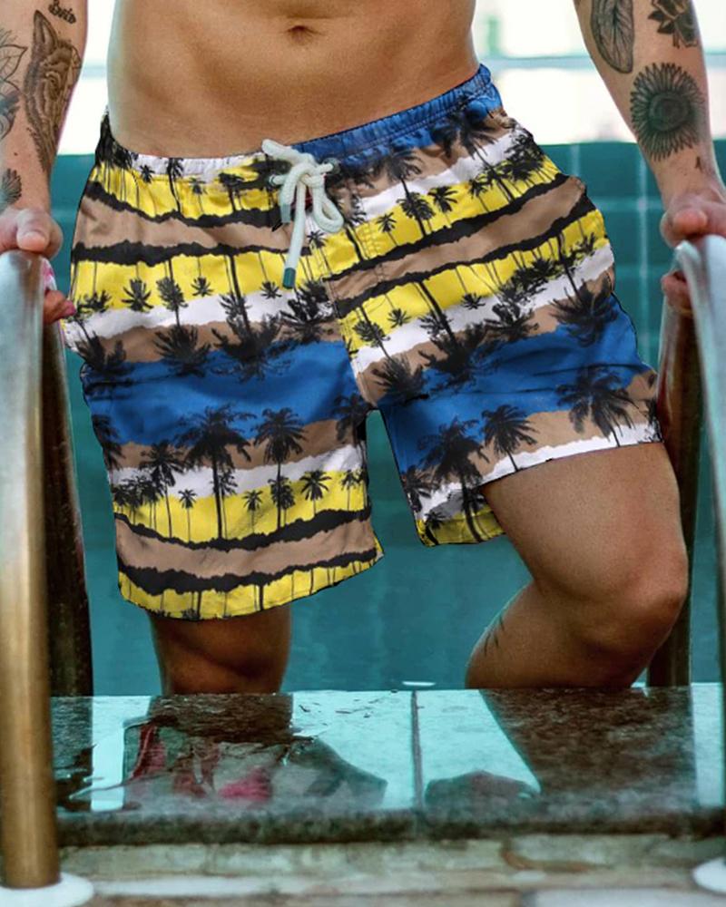 

Vacation Style Color Block Coconut Tree Print Drawstring Short Pants, Yellow