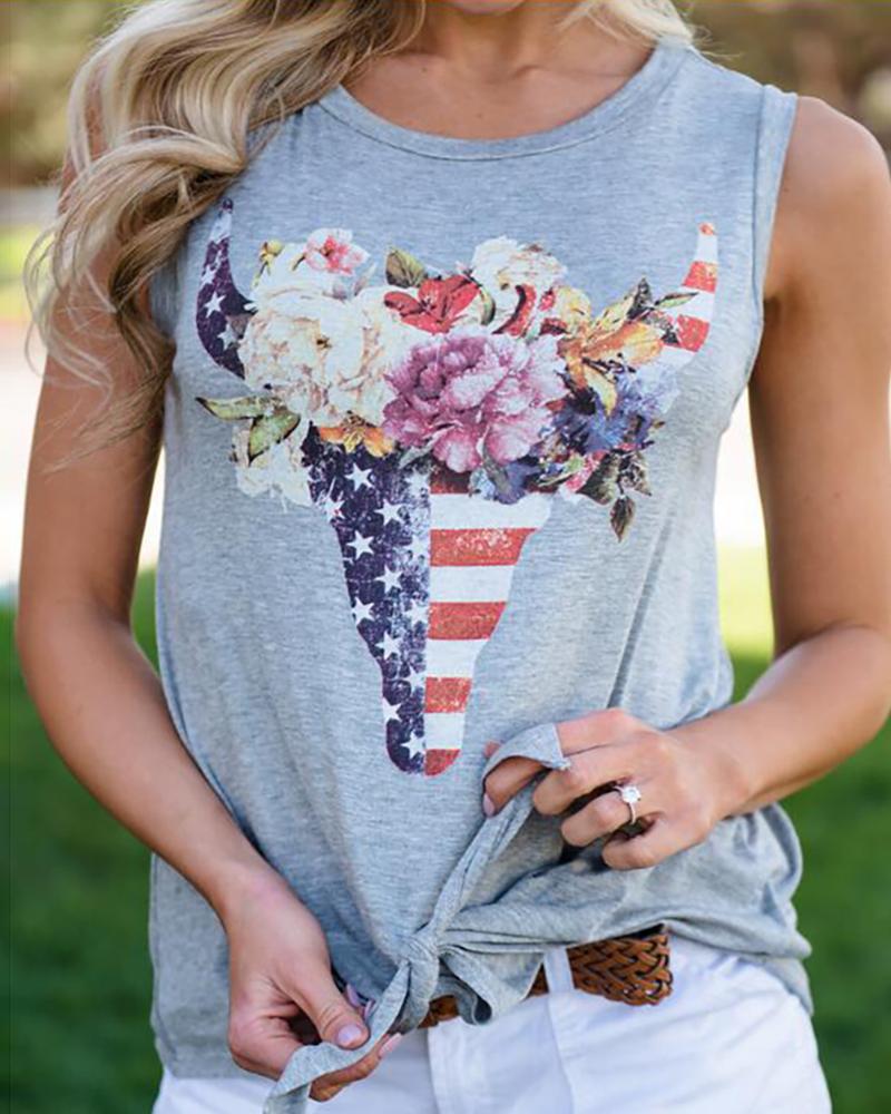 

Print Round Neck Tank Top, Gray