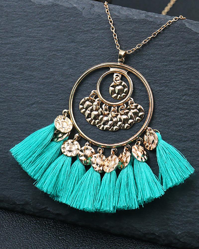 

1Pair Disc Tassel Design Round Shaped Drop Earrings, Green