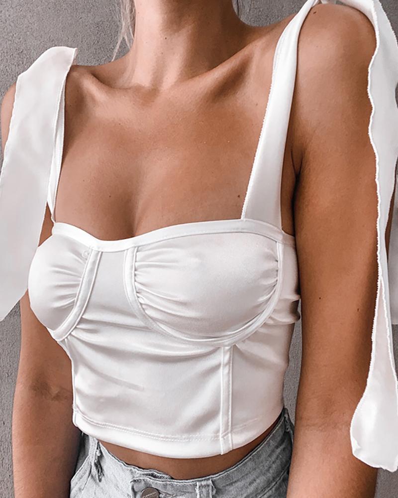 

Tied Strap Square Neck Satin Crop Top, White