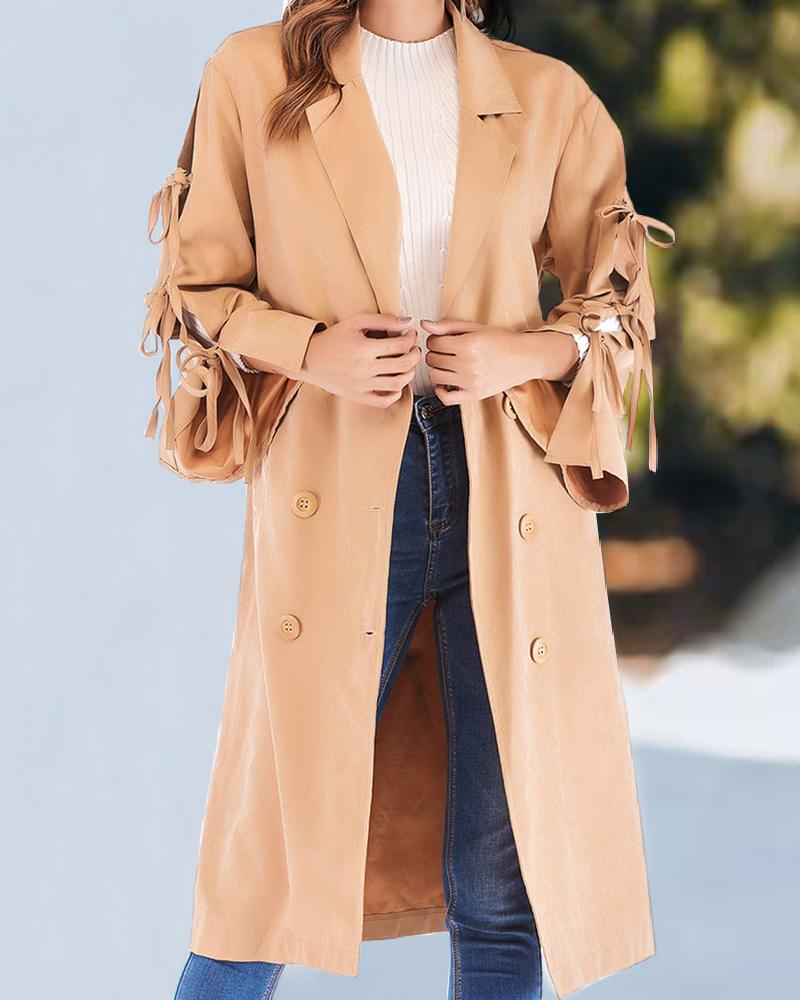 

Tie Detail Cutout Double Breasted Trench Coat, Apricot