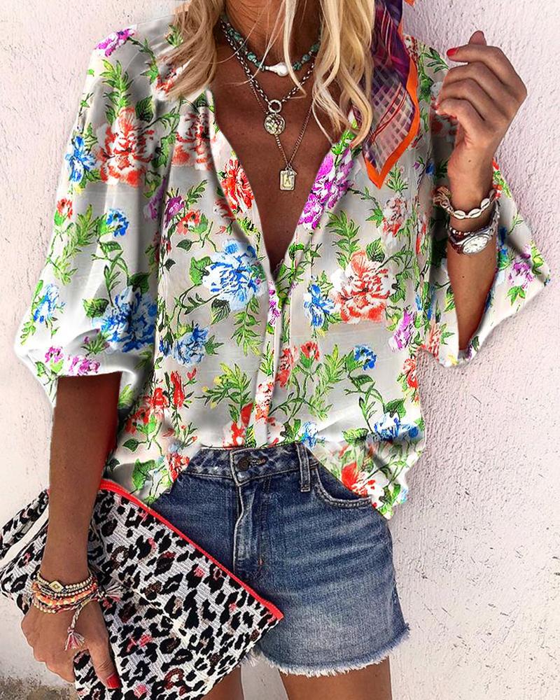 

Floral Print Buttoned Lantern Sleeve Shirt, Multicolor
