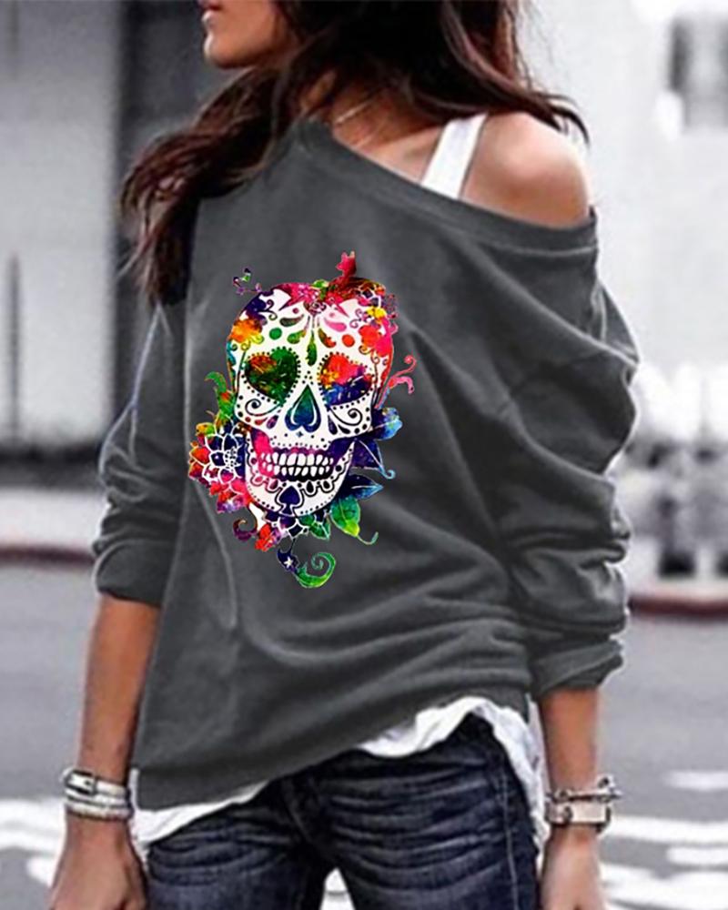 

Skull Print Long Sleeve Casual Sweatshirt, Gray