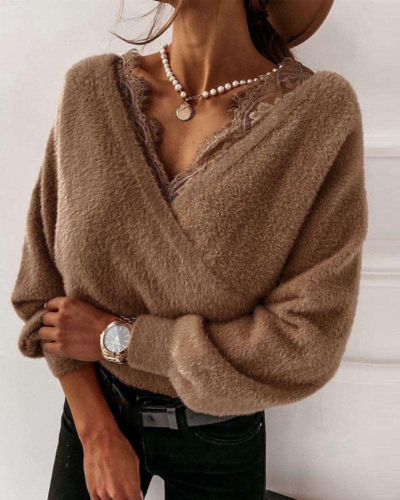 

Eyelash Lace Trim Fluffy Top, Brown
