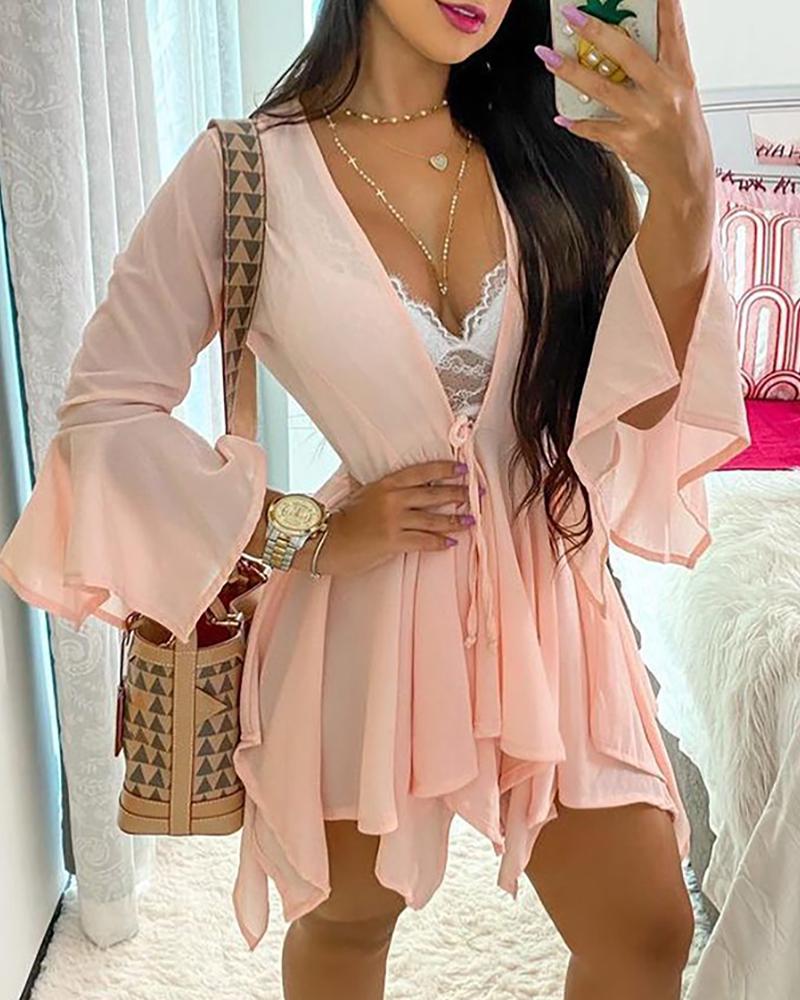 

Ruched Tied Detail Bell Sleeve Top & Shorts Set, Pink