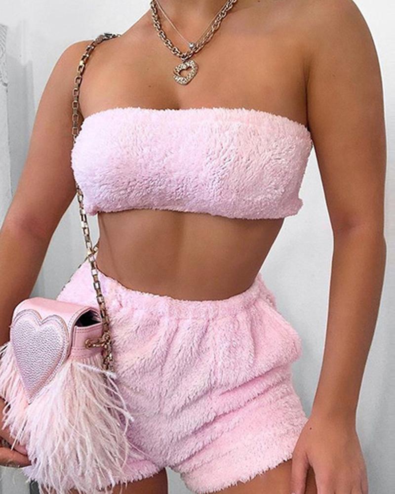 

Solid Sleeveless Plush Wrap Sweater Suit Sets, Pink