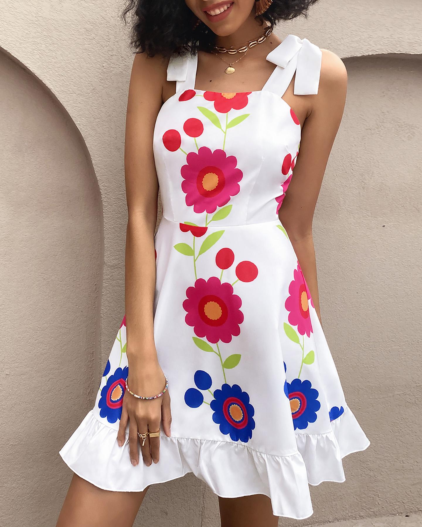 

Floral Print Ruffle Hem Sleeveless Dress, White