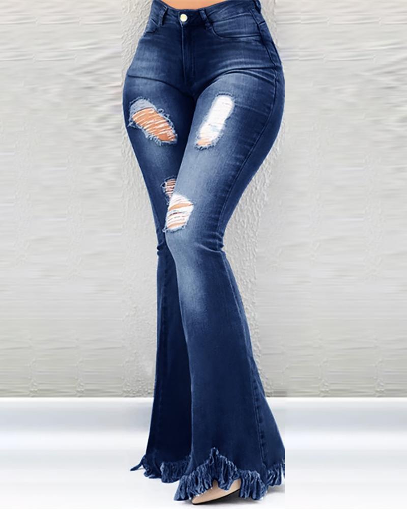 

High Waist Bell-Bottom Distressed Tassel Jeans, Dark blue