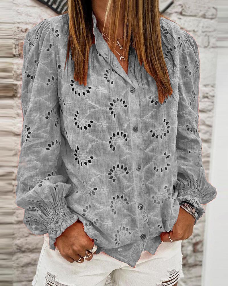 

Eyelet Embroidery Lantern Sleeve Casual Top, Gray