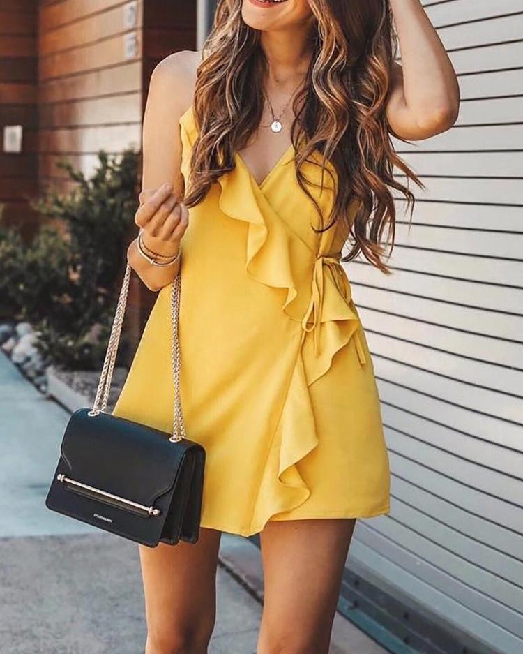 

Ruffles Self-belted Slip Mini Wrap Dress, Yellow
