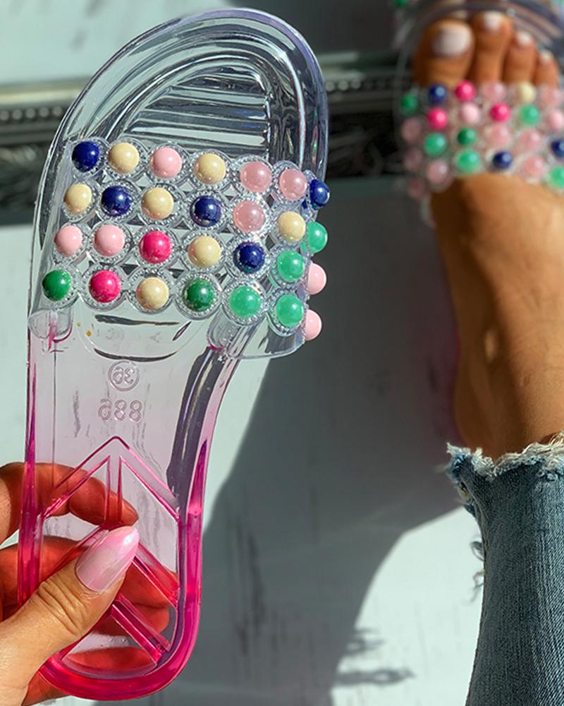 

Clear Perspex Colorful Beaded Open Toe Flat Sandals, Hot pink