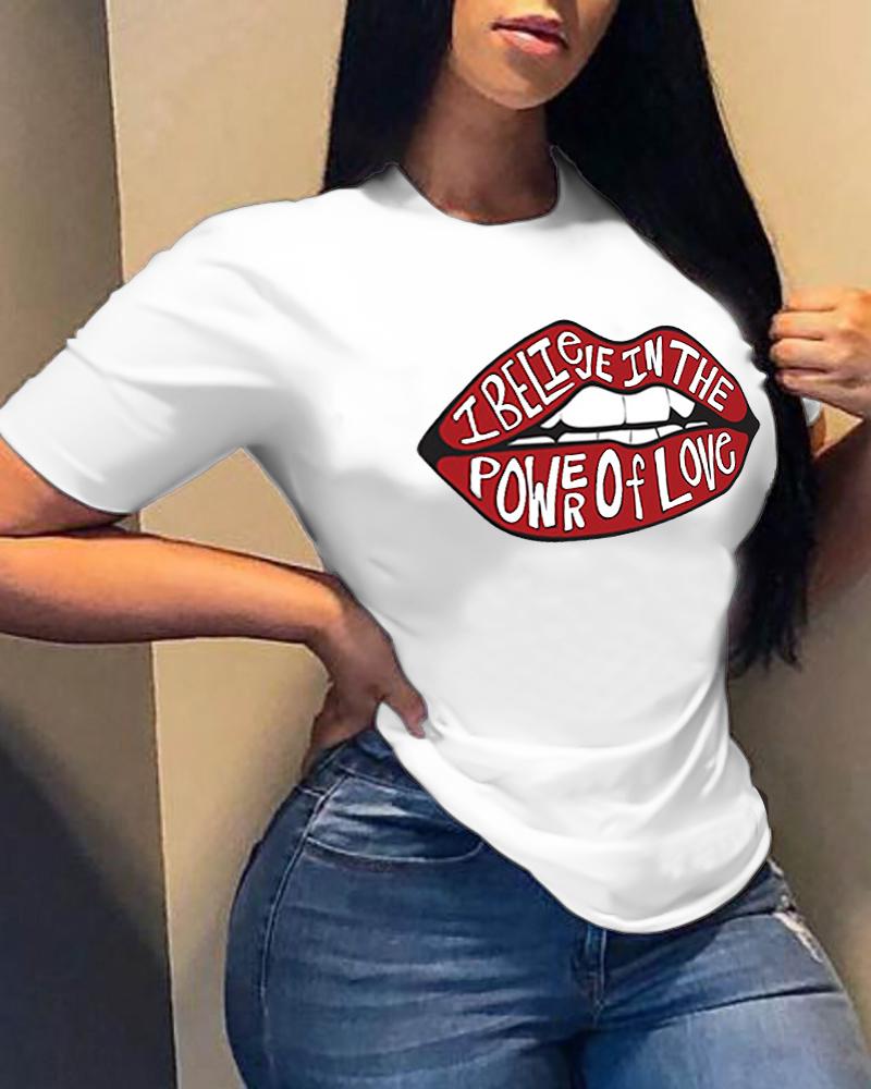 

Lip Letter Print Short Sleeve T-shirt, White