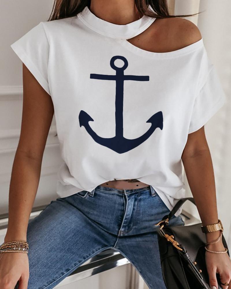 

Boat Anchor Print Cold Shoulder Casual T-shirt, White