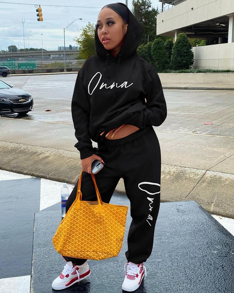 

Letter Print Hooded Top & Pants Set, Black