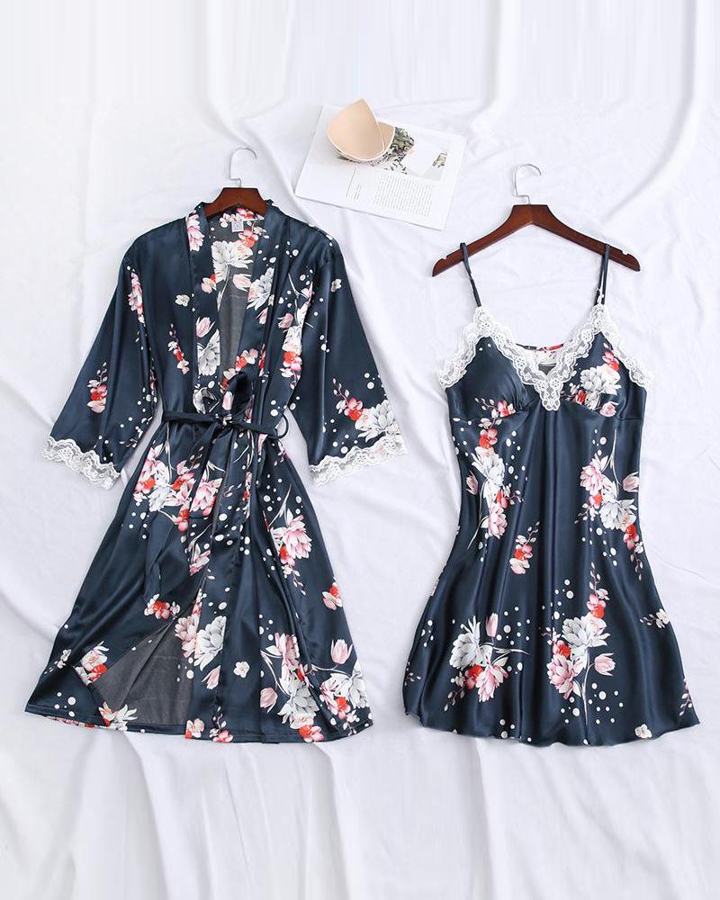

Floral Print Robe & Camisole, Dark blue