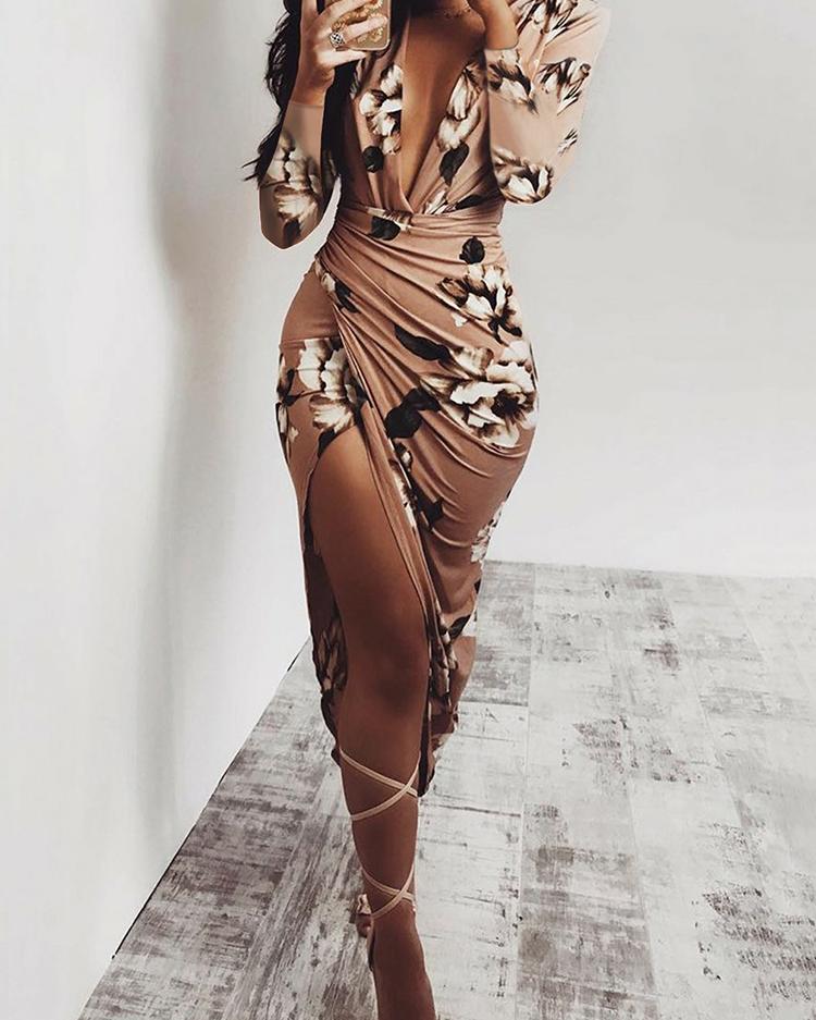 floral deep v long sleeve ruched bodycon dress