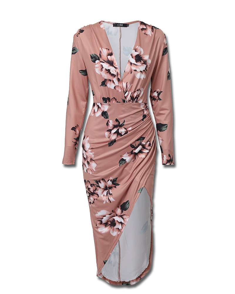floral deep v long sleeve ruched bodycon dress