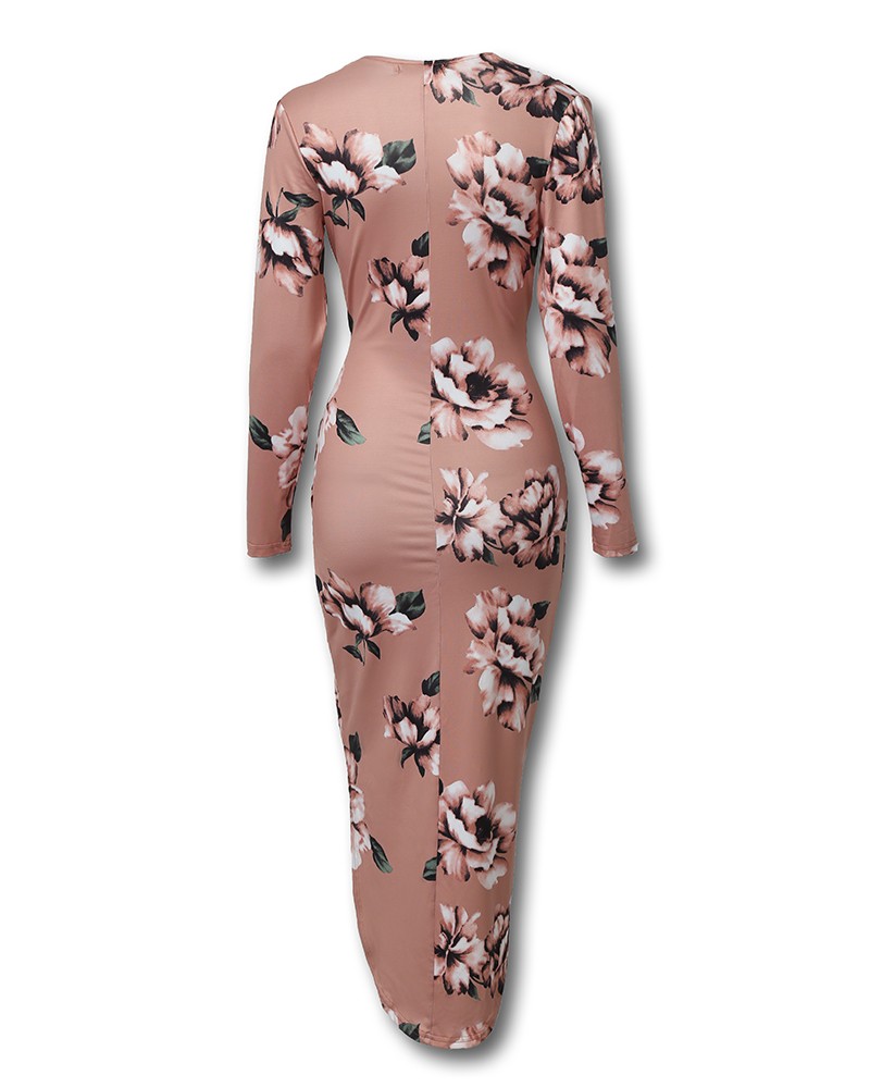floral deep v long sleeve ruched bodycon dress
